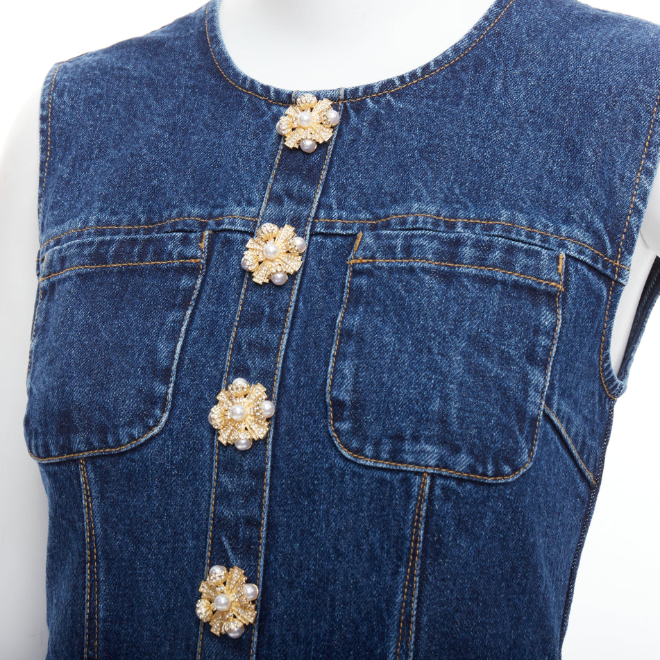 SELF PORTRAIT 2024 Denim Skater blue cotton gold buttons mnini dress UK6 XS