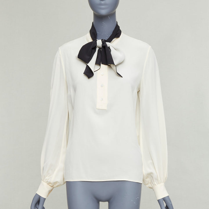 LANVIN cream 100% silk black contrast tie neck peasant blouse FR34 XS
