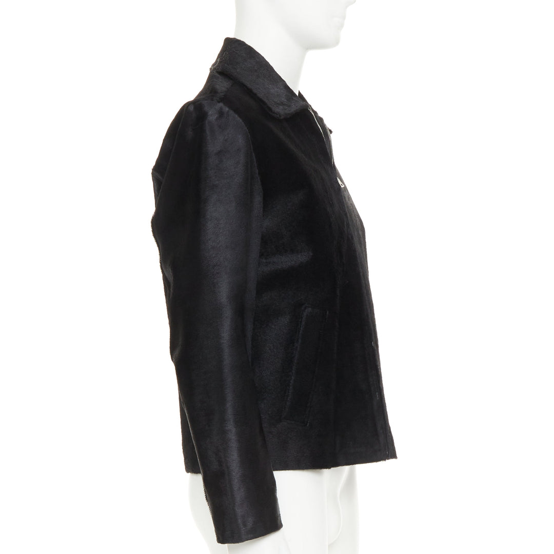 PRADA 1990s Vintage black horsehair leather pocketed boxy minimal jacket IT48 M