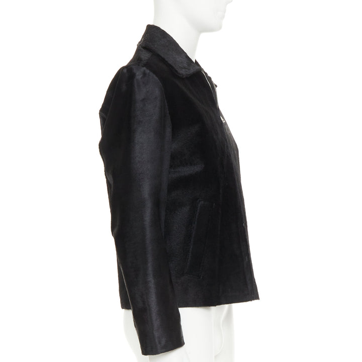 PRADA 1990s Vintage black horsehair leather pocketed boxy minimal jacket IT48 M
