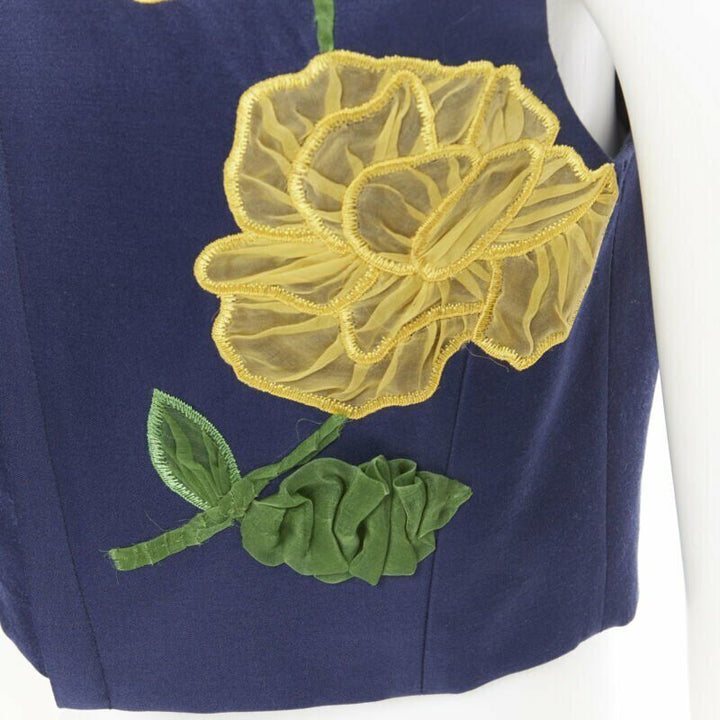 MICHAEL KORS COLLECTION wool silk navy yellow floral sleeveless cropped top US2