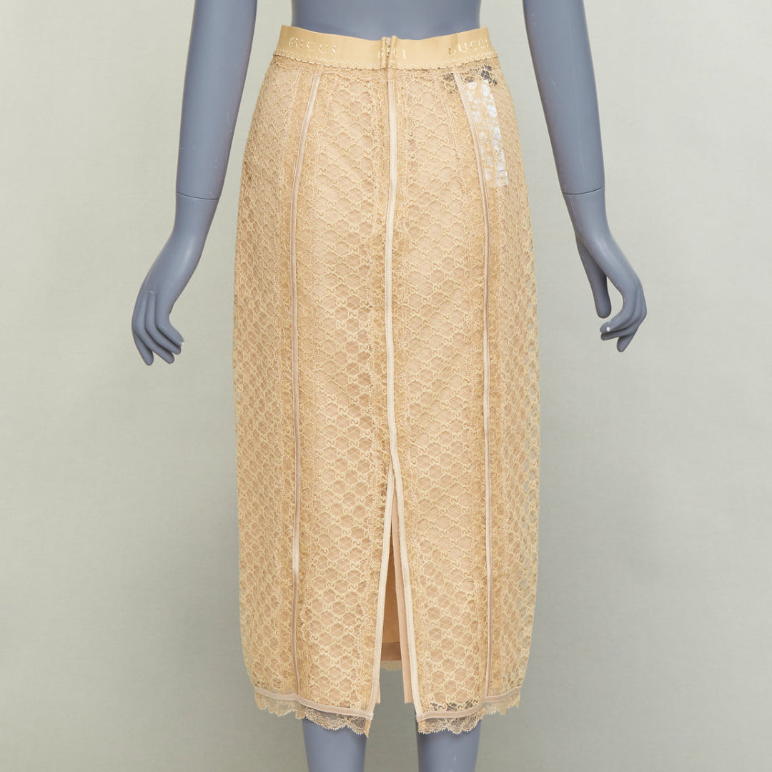 GUCCI 2022 Runway Aria beige nude GG mesh lace lingerie midi skirt M