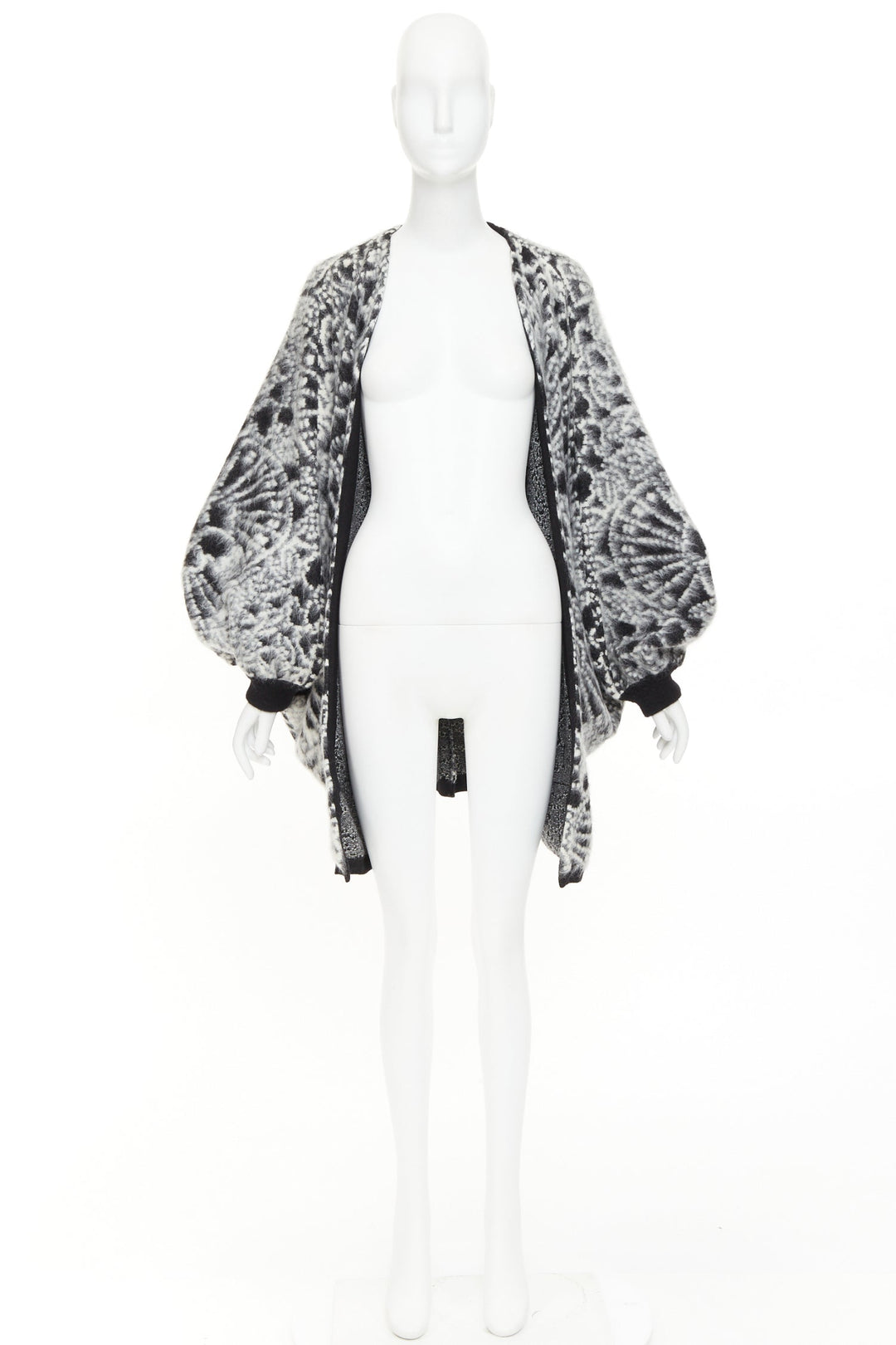 SAINT LAURENT 2019 black white brushed wool jacquard cocoon cardigan XS