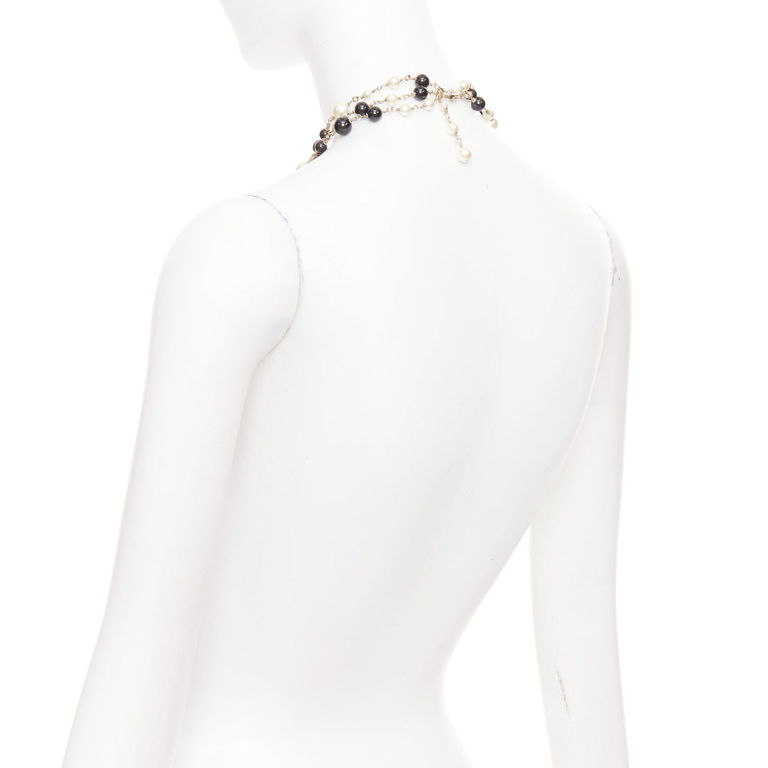 CHANEL B14C Coco Mademoiselle Figure black beige pearl triple sautoir necklace