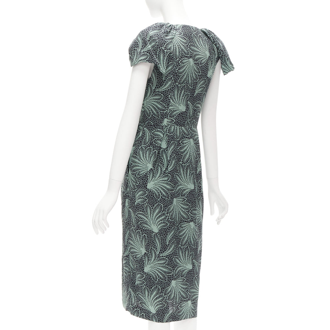 DRIES VAN NOTEN Runway green leaf print petal sleeves V neck midi dress FR36 S