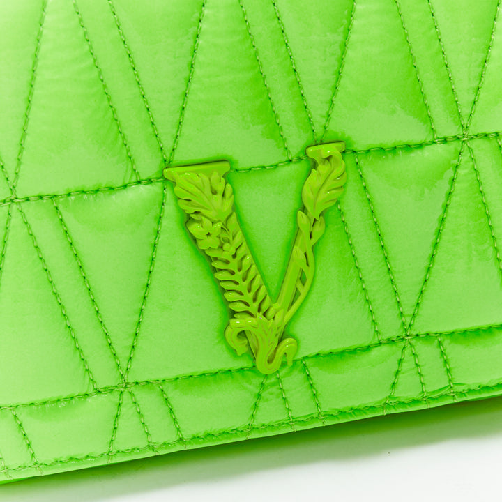 VERSACE Virtus bright green V quilted patent leather crossbody flap bag