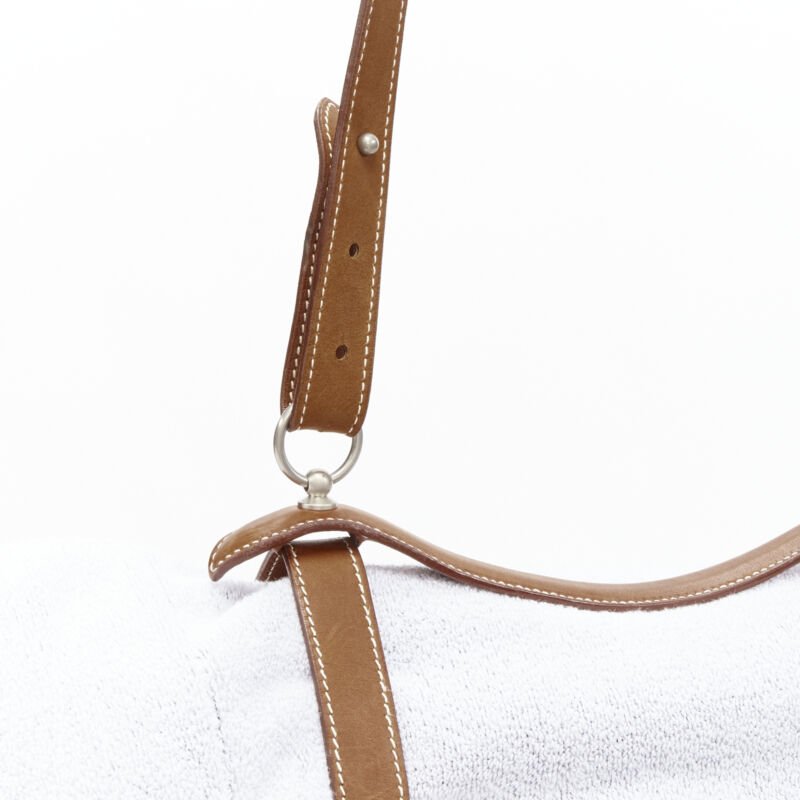 rare HERMES brown leather palladium hardware harness buckle towel carrier strap