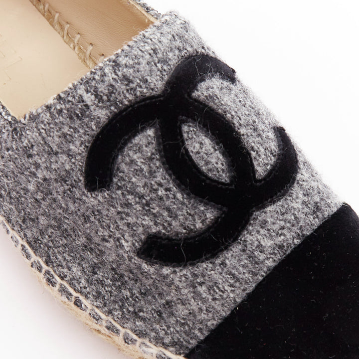 CHANEL grey tweed velvet CC logo toe cap espadrille shoes EU38