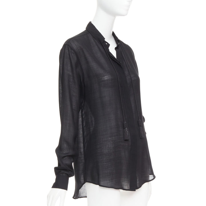 SAINT LAURENT 2018 black semi sheer wool blend YSL rope blouse FR34 XS