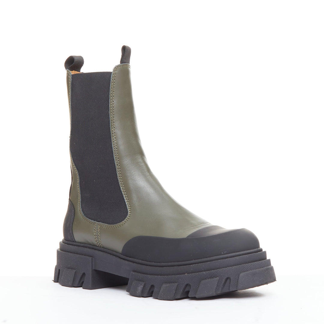 GANNI Kalamata army green leather black rubber elastic gusset chelsea boots EU39