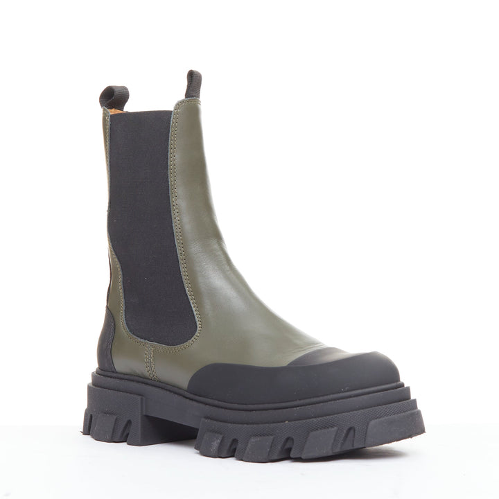 GANNI Kalamata army green leather black rubber elastic gusset chelsea boots EU39