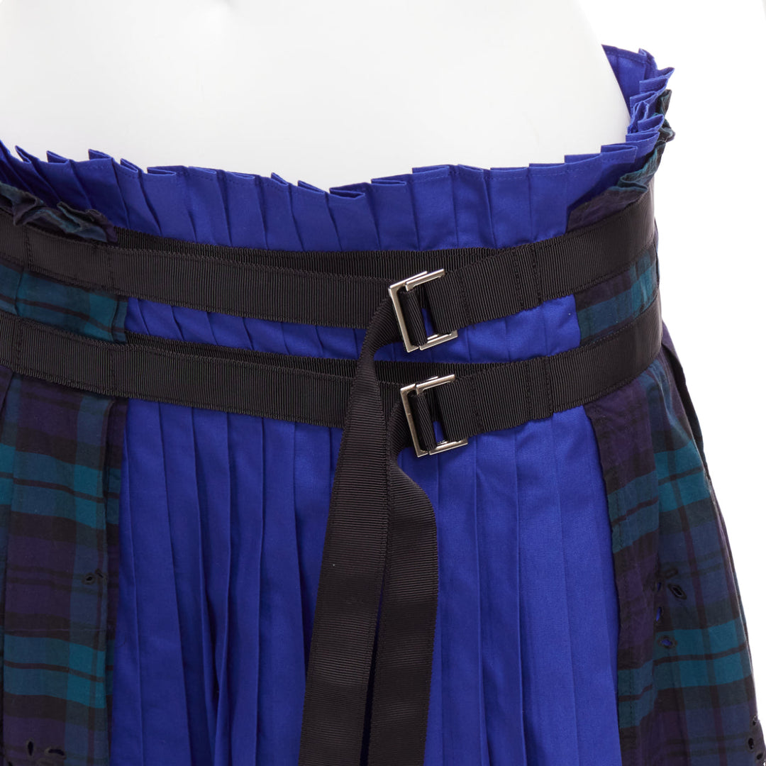 SACAI 2015 blue green plaid cotton eyelets lace asymmetric wrap skirt JP3 L