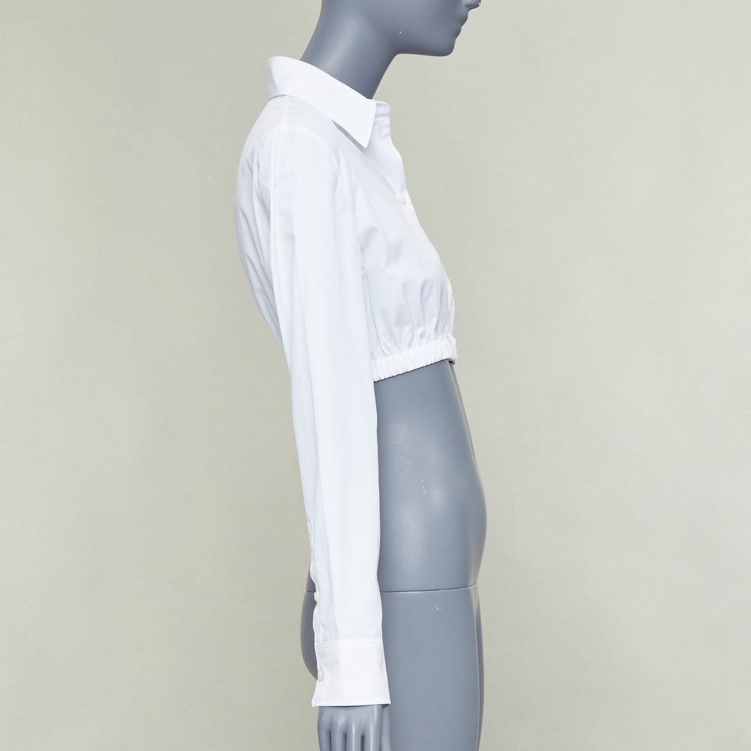 PRADA 2022 white cotton logo embroidered pocket elastic waist crop shirt IT38 XS