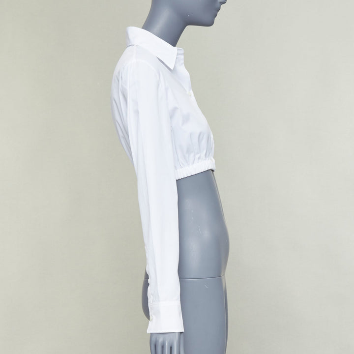 PRADA 2022 white cotton logo embroidered pocket elastic waist crop shirt IT38 XS