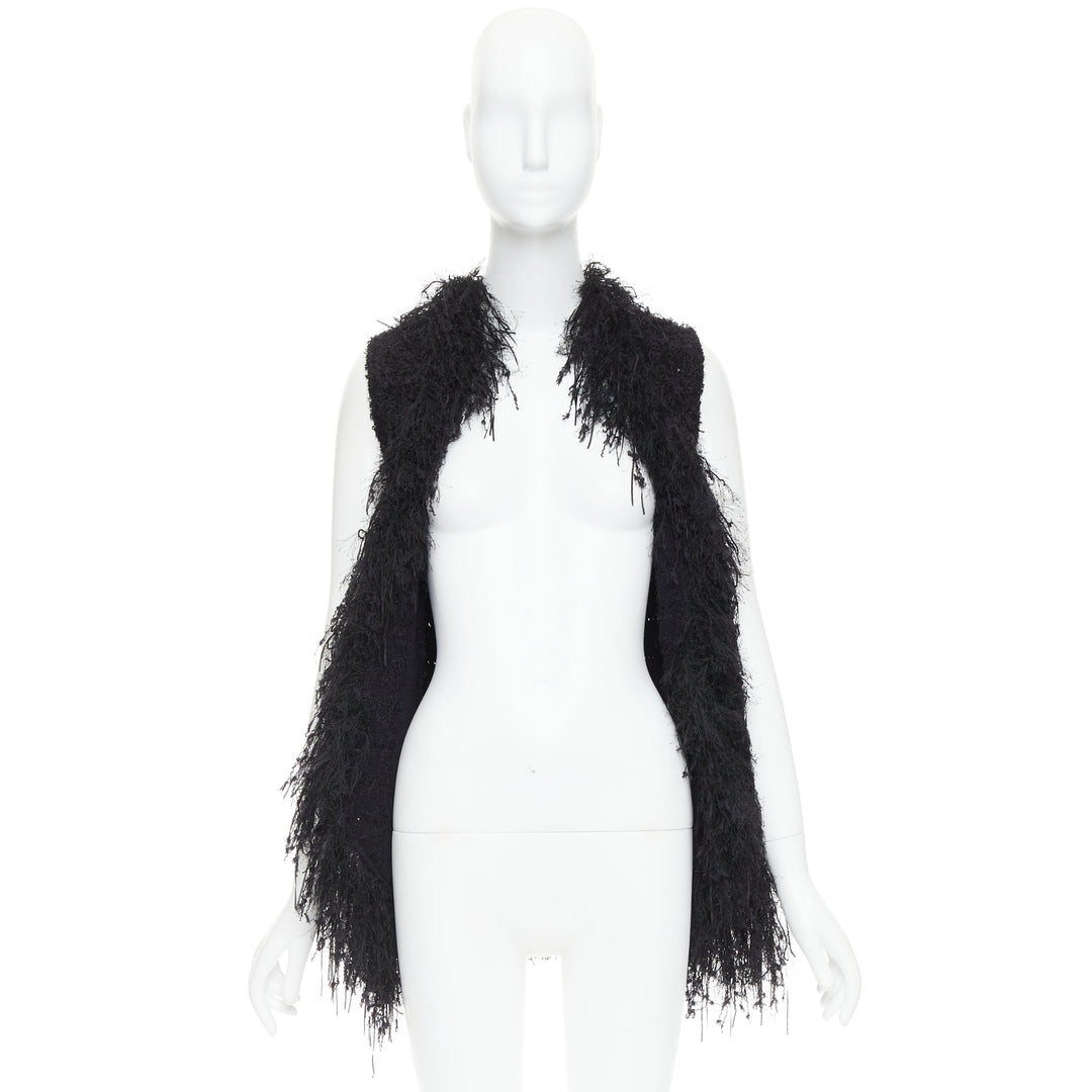 BALMAIN black fringe tweed gold varsity buttons drape front vest FR36 S