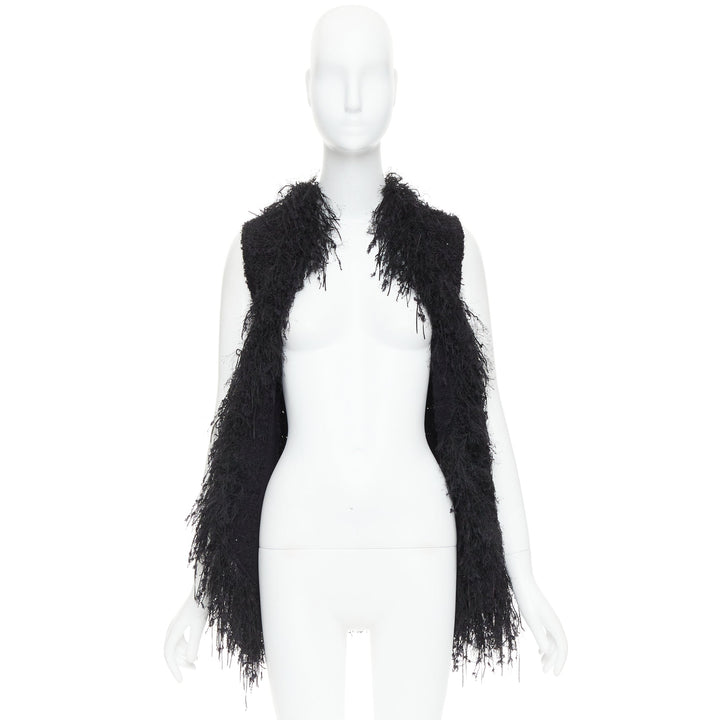 BALMAIN black fringe tweed gold varsity buttons drape front vest FR36 S