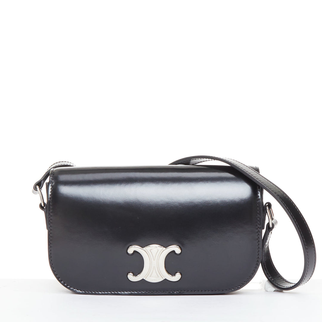 CELINE 2020 Besace Triomphe black glossed calfskin leather silver hardware bag