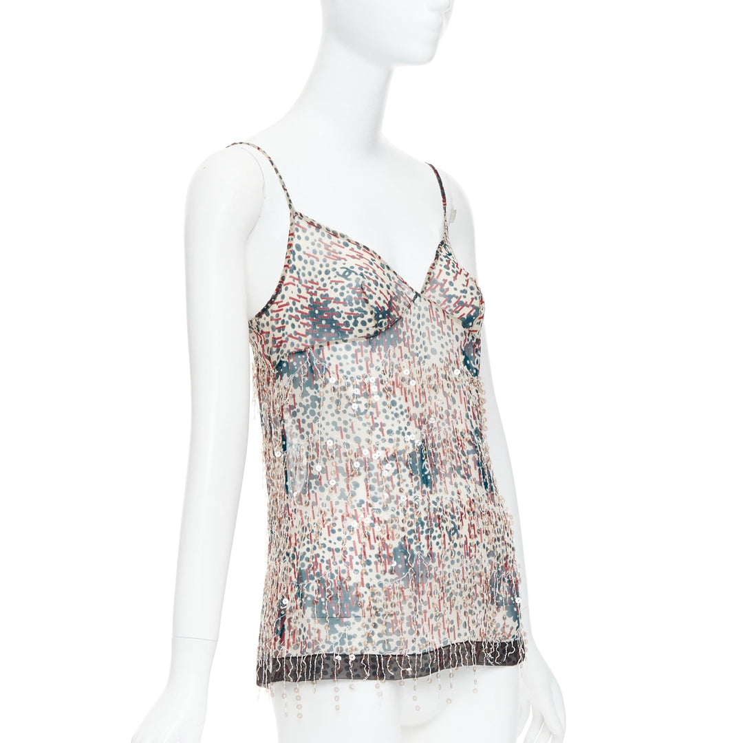 CHANEL 02A beige red sequin fringe applique sheer camisole FR38 M