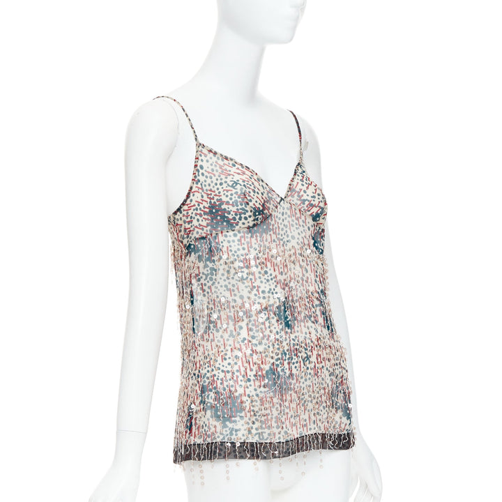 CHANEL 02A beige red sequin fringe applique sheer camisole FR38 M
