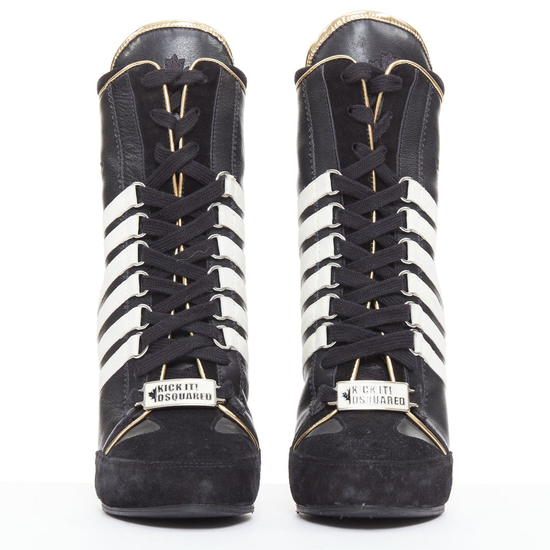 rare DSQUARED2 Vintage black white striped gold heel sneaker boots EU37