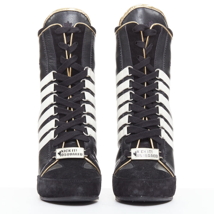 rare DSQUARED2 Vintage black white striped gold heel sneaker boots EU37