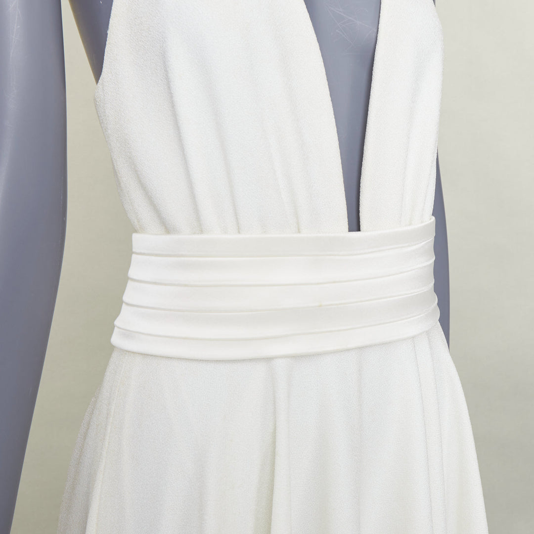 RACIL ivory crepe plunging V-neck halter ruched empire waist midi dress IT38 XS