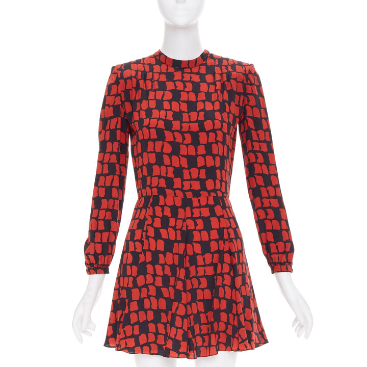 SAINT LAURENT 2012 red black geometric block silk shoulder padded dress FR34 XXS
