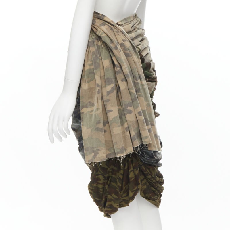 COMME DES GARCONS 2005 Runway mixed cotton nylon blue green camo ruched skirt XS