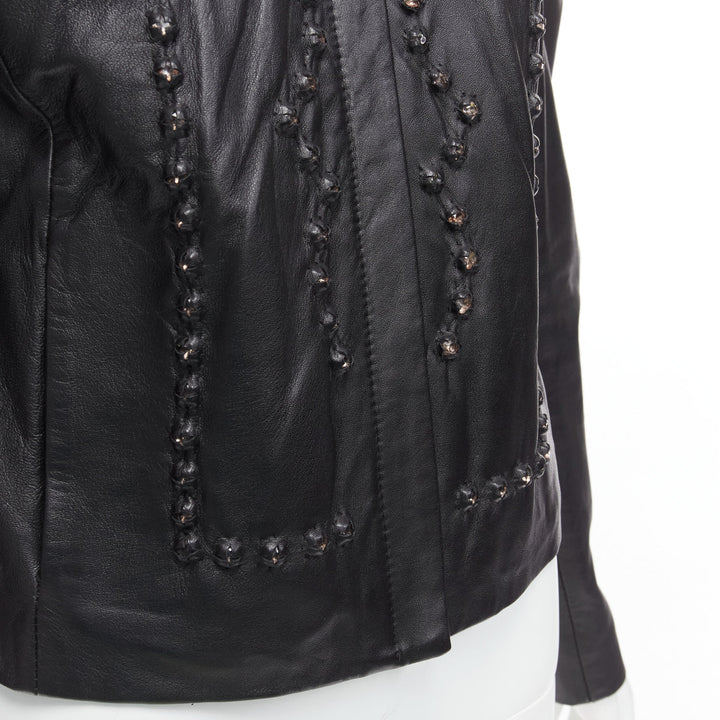 GIVENCHY black sheepskin clear crystal studded cropped leather jacket FR38 M