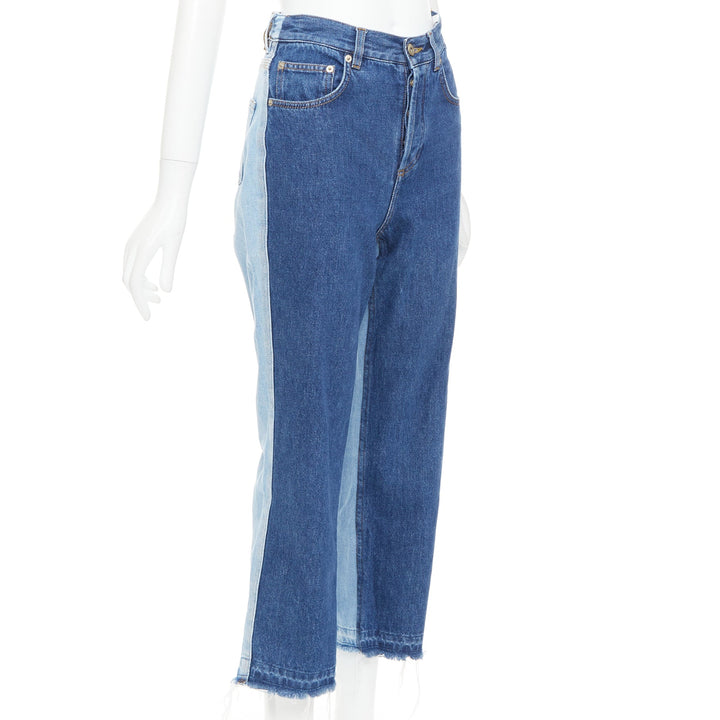 LOEWE blue washed frayed edge mismatch patchwork cropped jeans FR34 XS