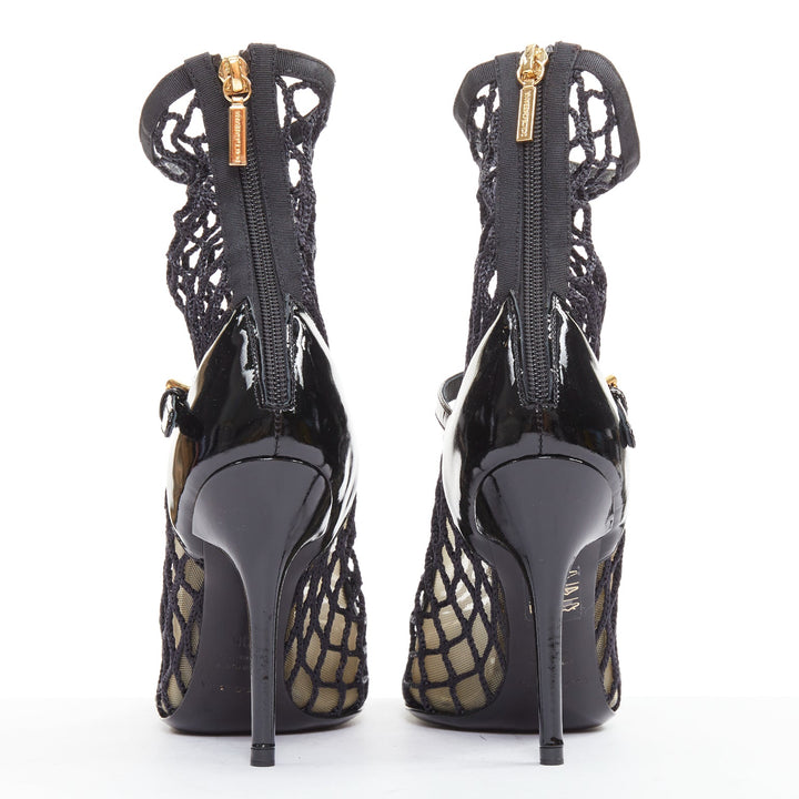 DOLCE GABBANA 2012  black patent leather fishnet maryjane heeled booties EU36