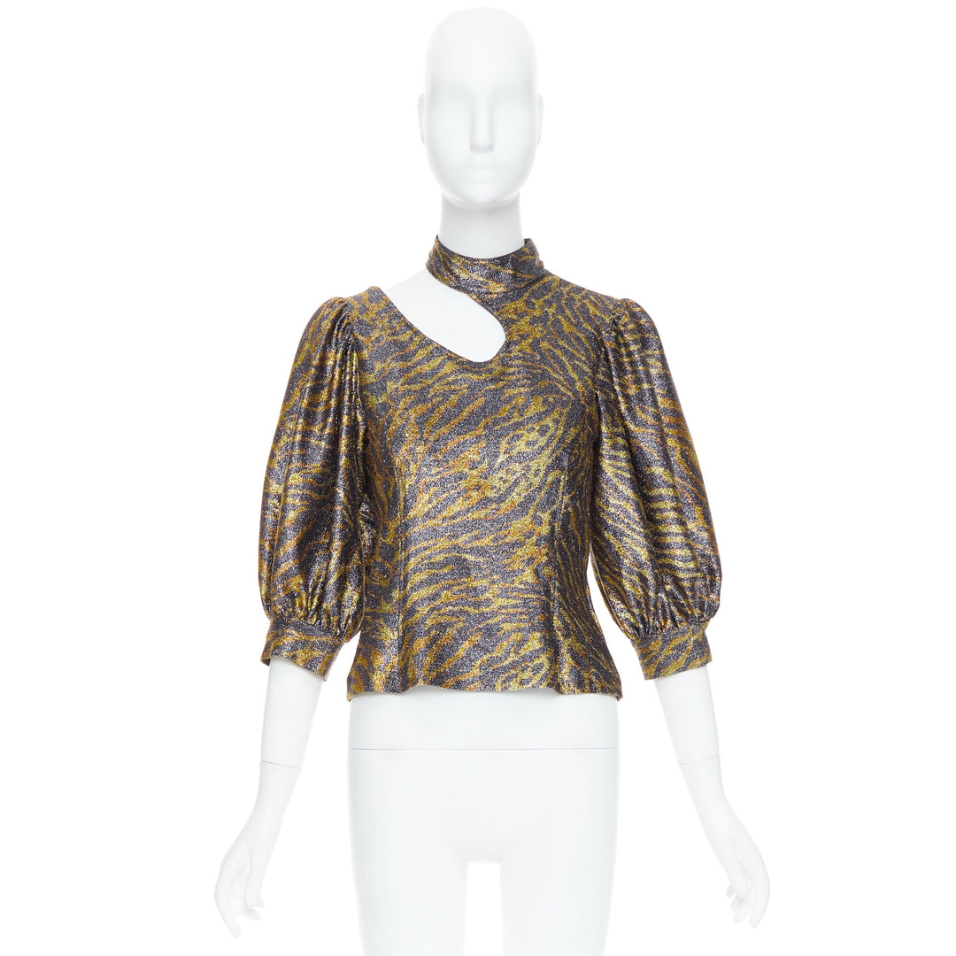 GANNI gold metallic tiger lurex lame puff sleeve cut out top FR36 S