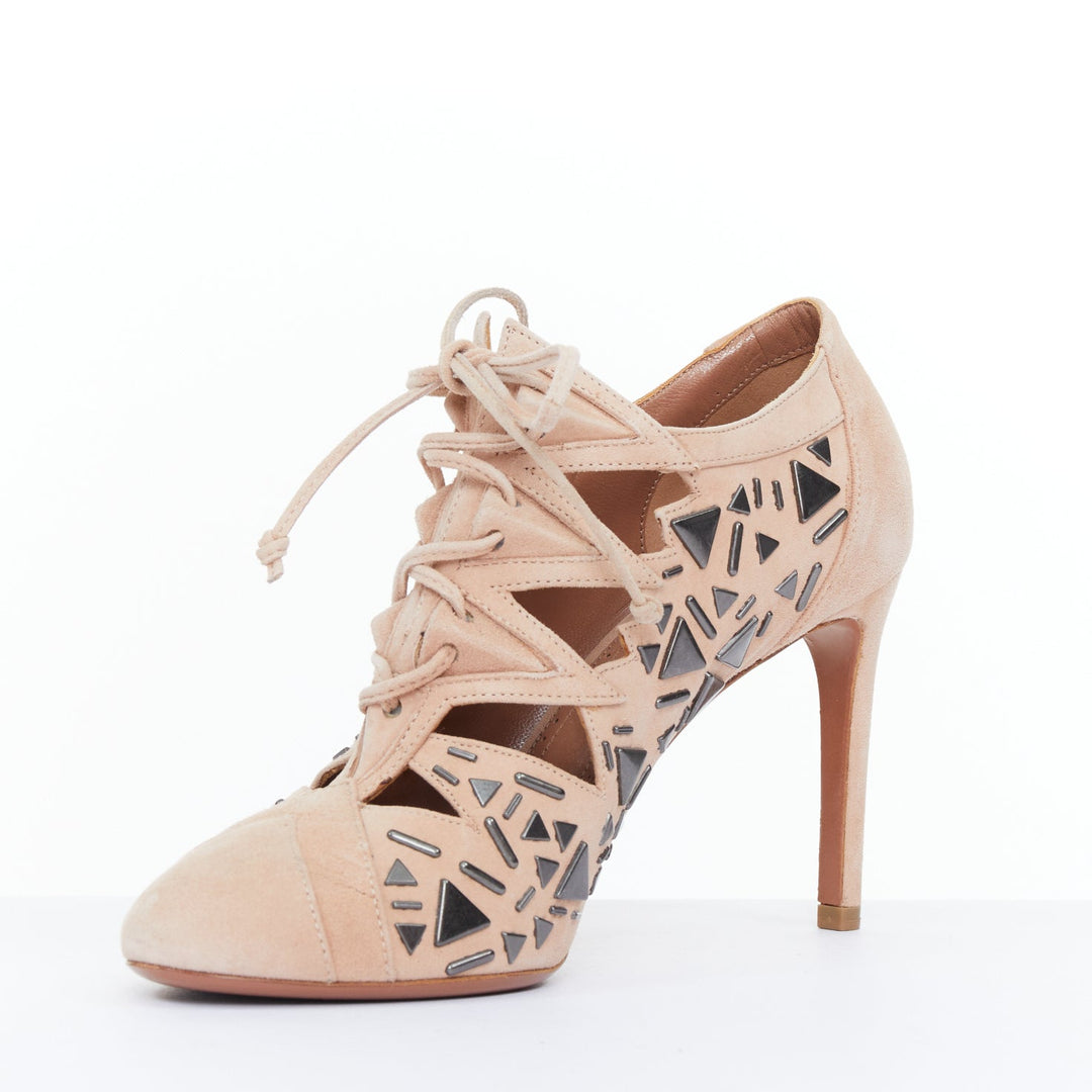 ALAIA 2014 Adelia blush pink suede geometric micro stud lace up booties EU36