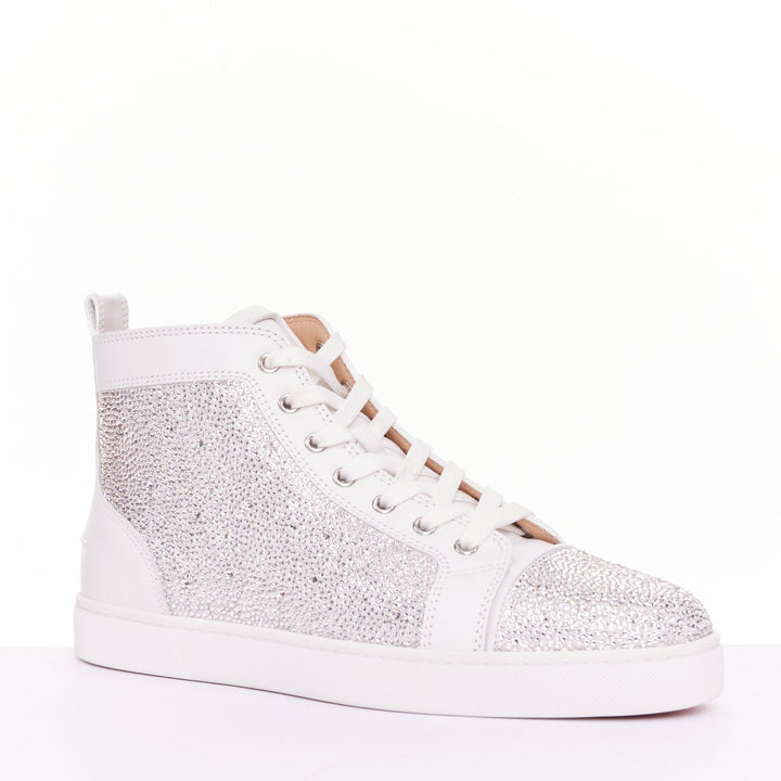 CHRISTIAN LOUBOUTIN Louis Strass white leather crystal hi top sneaker EU44.5
