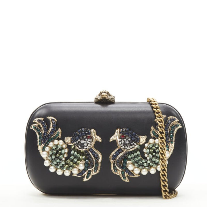 rare GUCCI Limited Edition black Double Swallow crystal pearl embellished clutch