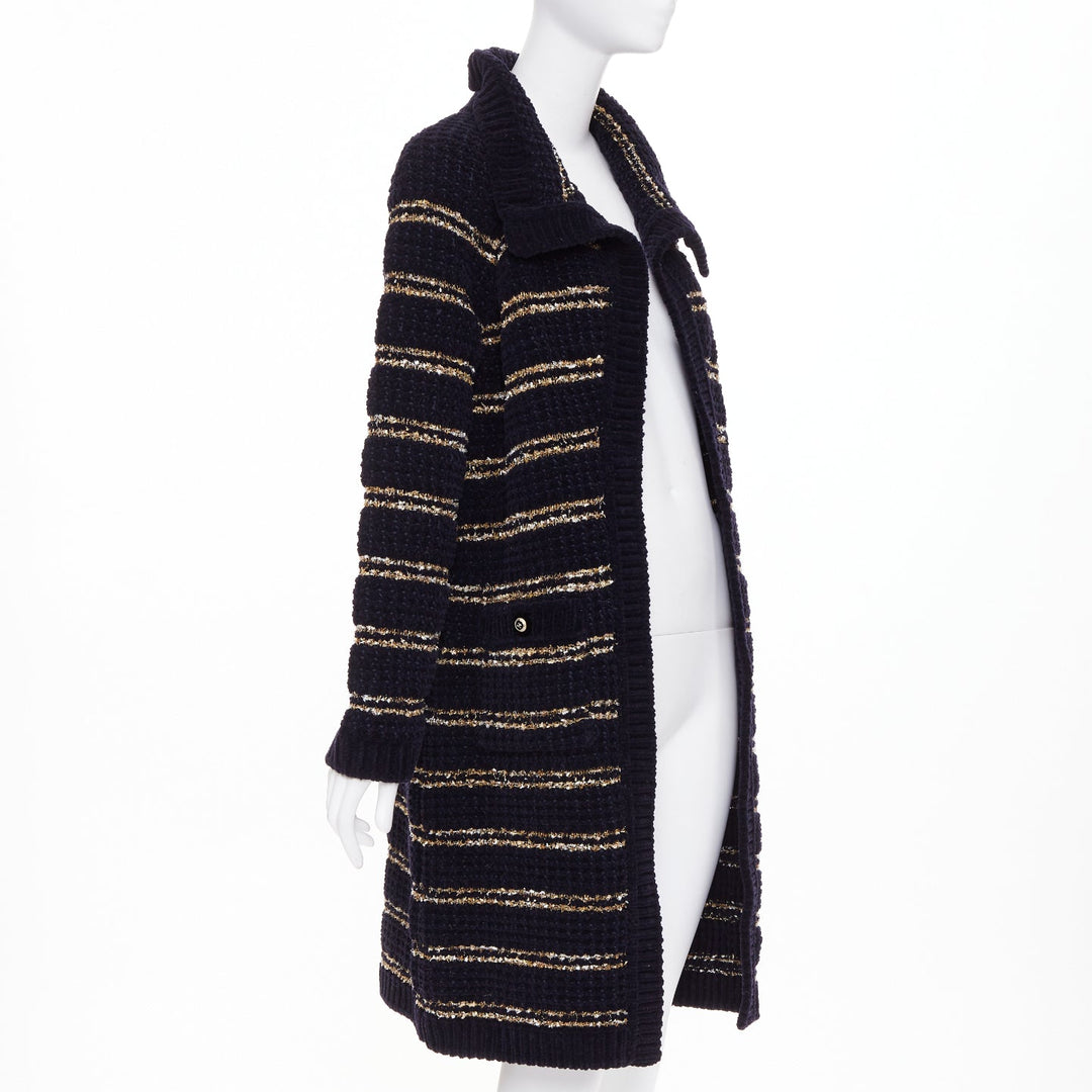 CHANEL 20A Runway navy gold wool blend tweed striped knit cardigan coat FR34 XS