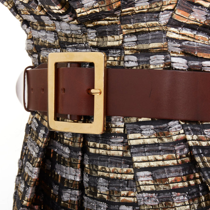 DOLCE GABBANA metallic gold silver check jacquard gold chain belt dress IT38 XS
