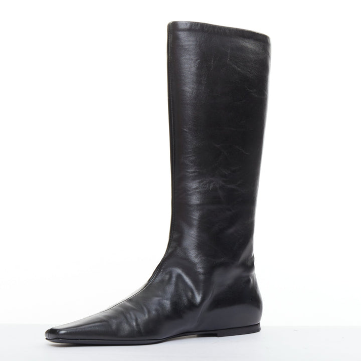 THE ROW Bette black leather square toes knee high flat boots EU37.5