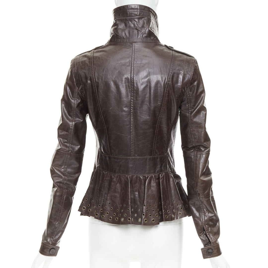 PATRIZIA PEPE brown stiff leather eyelet stud high collar biker jacket IT42 M