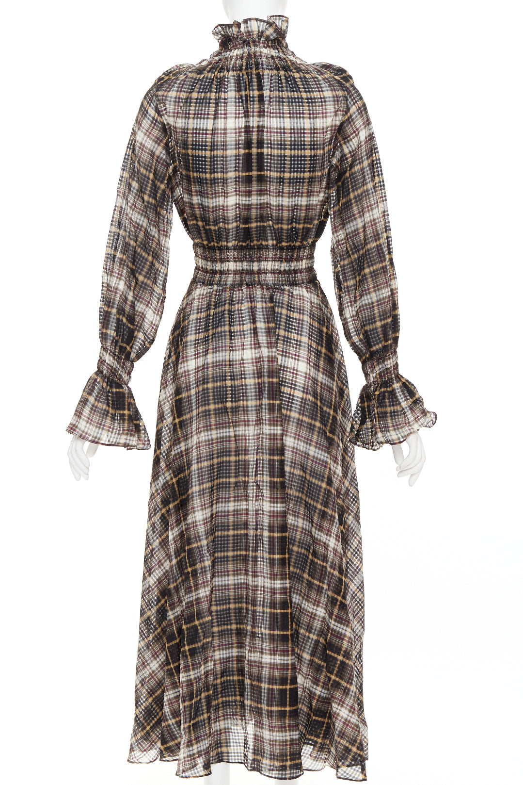 BEAUFILLE brown cotton silk check sheer ruched neck sleeves peasant dress US0 S