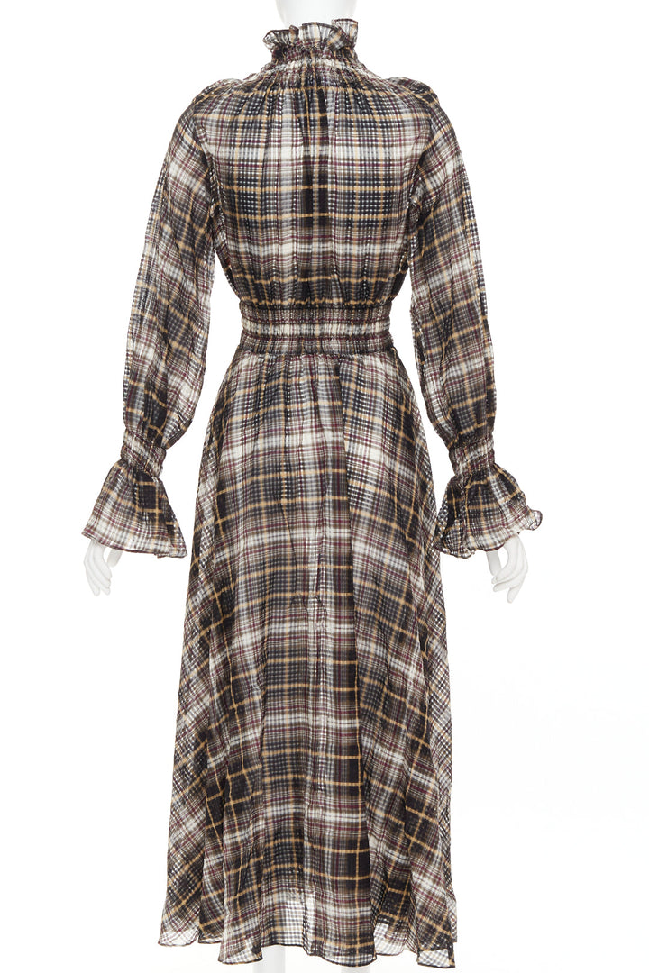 BEAUFILLE brown cotton silk check sheer ruched neck sleeves peasant dress US0 S