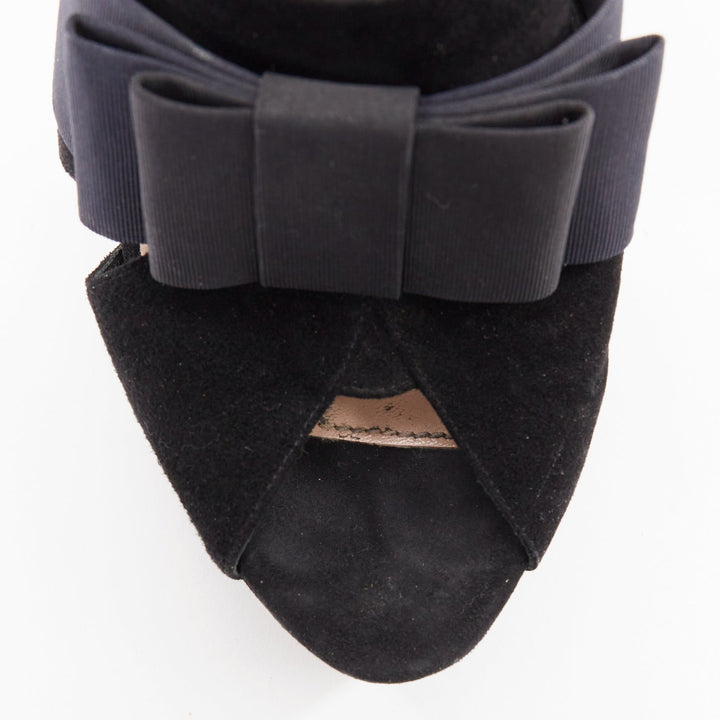 MIU MIU black suede grosgrain origami bow chunky platform heels EU35