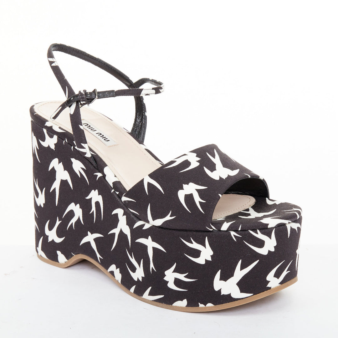 MIU MIU 2010 Runway swallow print navy canvas open toe platform wedge EU39