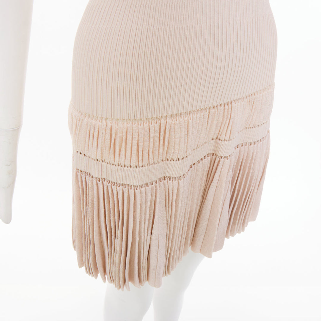 ALAIA pale blush pink open work drop waist plisse fringe knit mini dress FR36 S