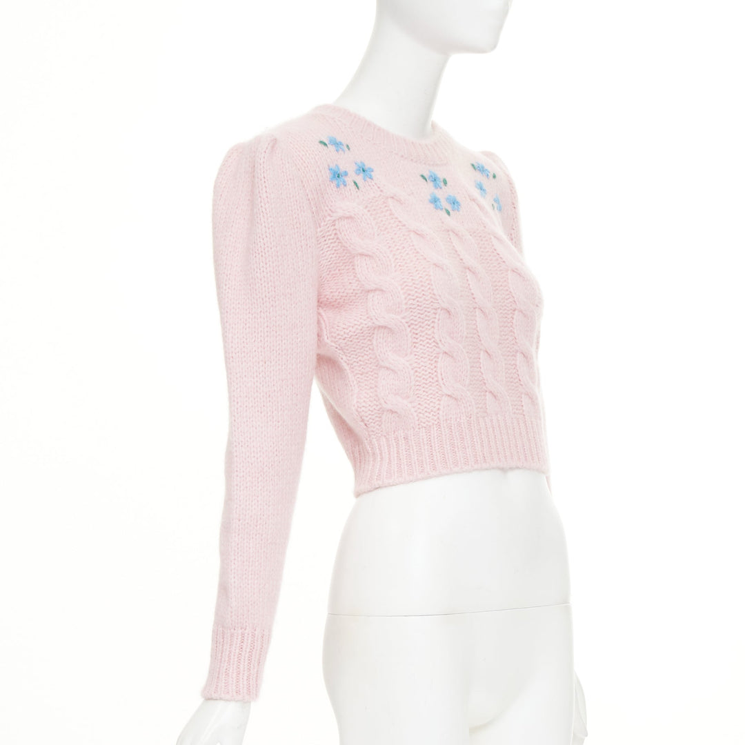 ALESSANDRA RICH pink alpaca blue floral embroidered cable knit sweater IT38 XS