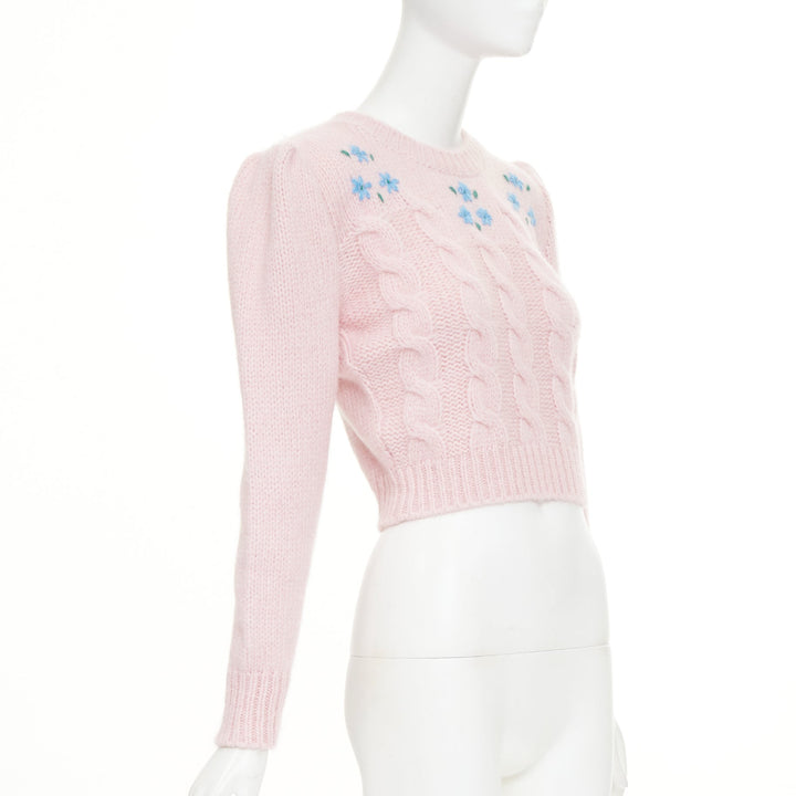 ALESSANDRA RICH pink alpaca blue floral embroidered cable knit sweater IT38 XS
