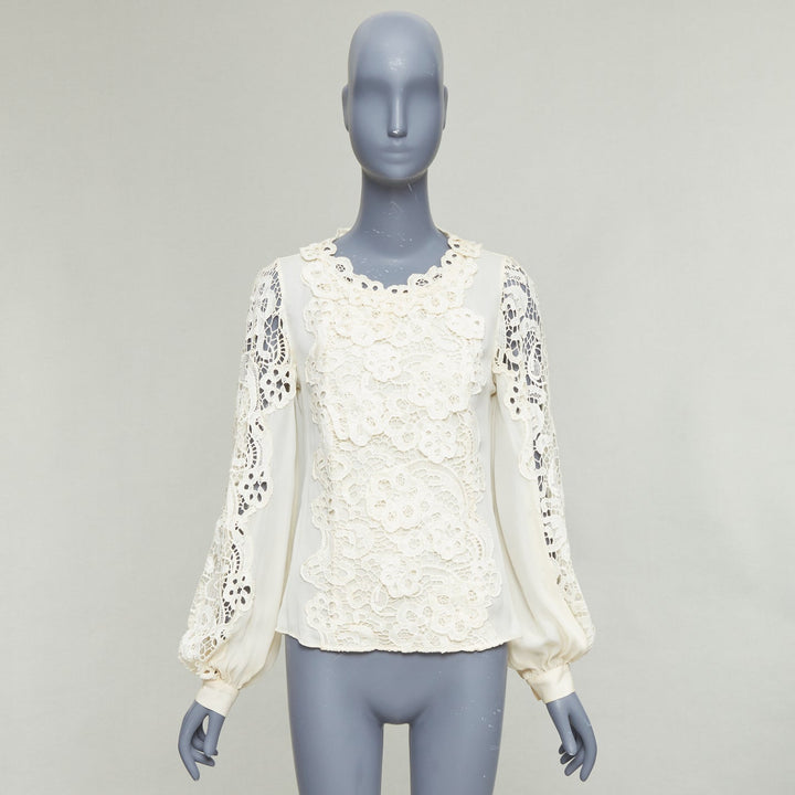 OSCAR DE LA RENTA cream 100% silk floral lace appliqu‚àö¬© peasant blouse US2 S