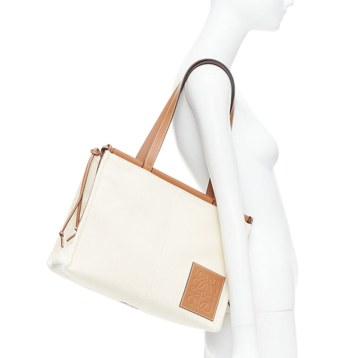 LOEWE Small Cushion cream canvas brown anagram logo shoulder tote bag