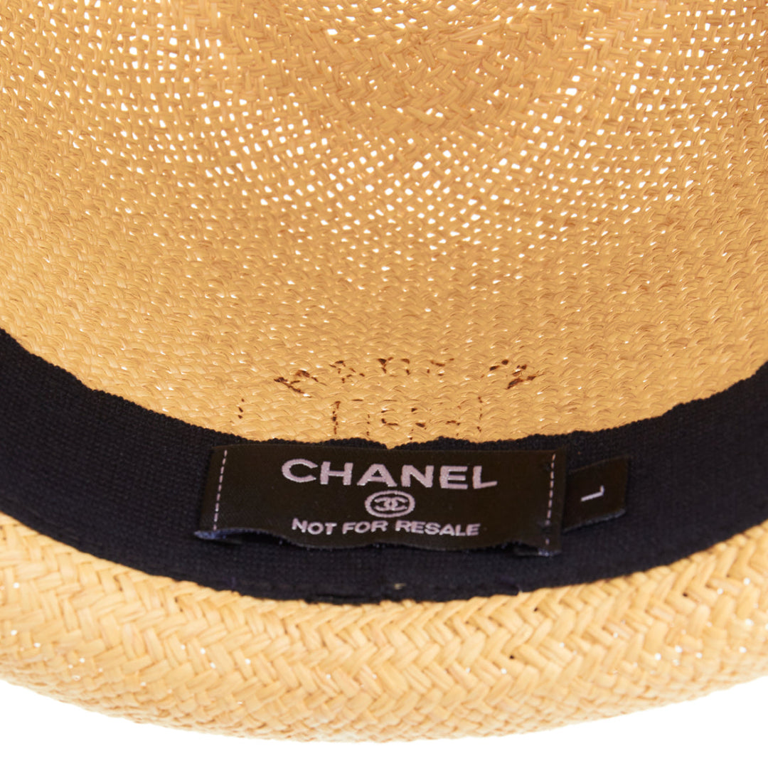CHANEL beige straw raffia grosgrain ribbon CC logo trilby hat L