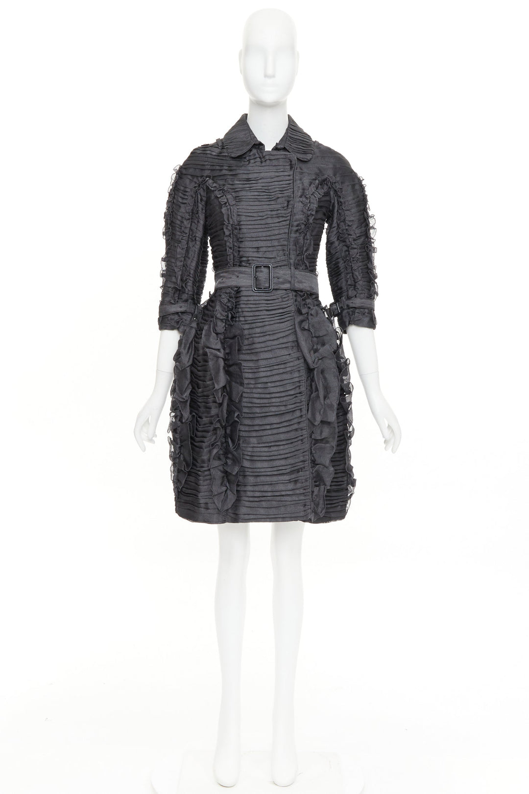 BURBERRY PRORSUM 2010 Runway  grey silk ruffle double breasted trench IT38 XS